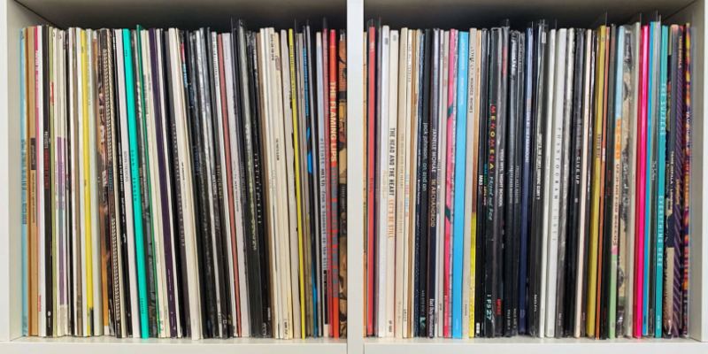 Vinyl records on a shelf